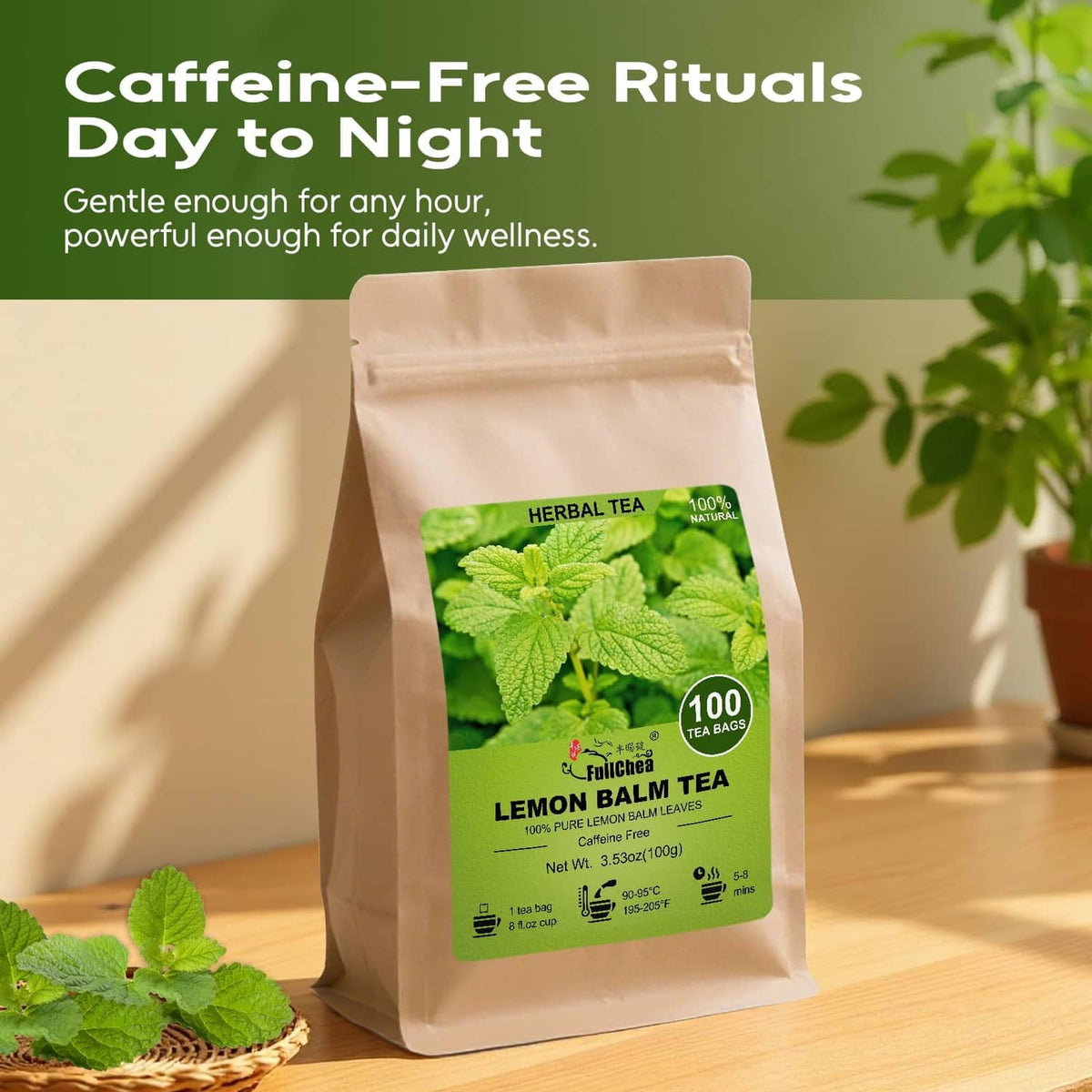 Lemon balm herbal tea pouch standing among green herb leaves