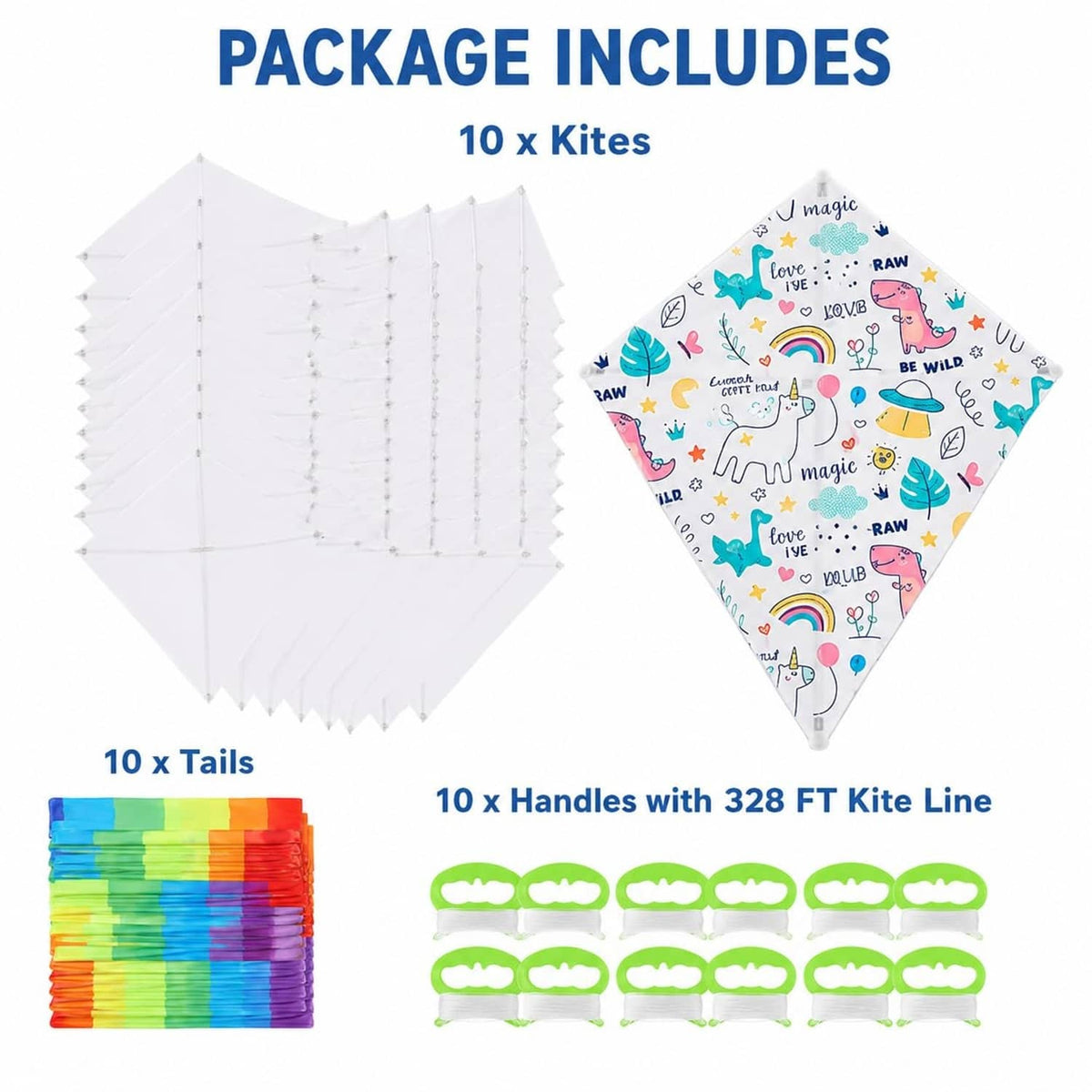 Package includes 10 printed diamond kites, 10 tails, and kite line handles