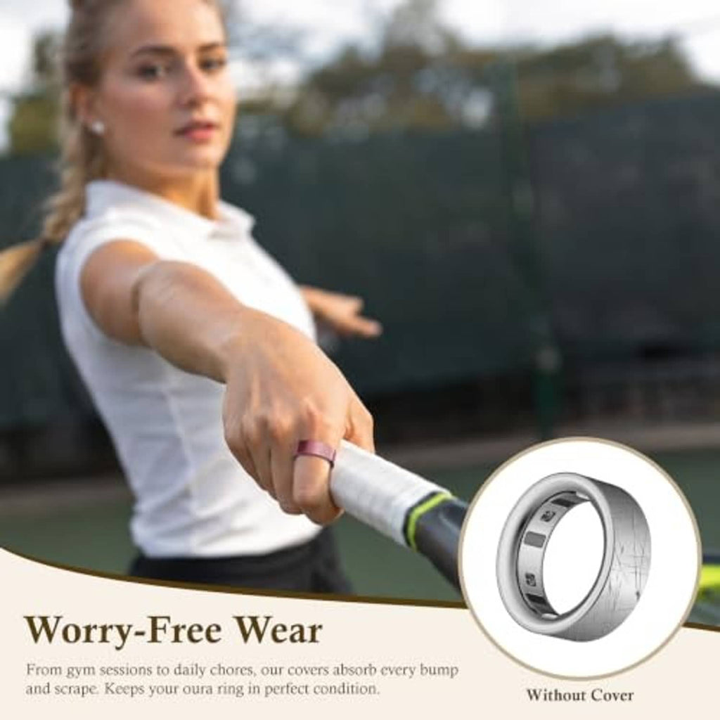 Rose gold TPU ring cover shown for wear during workouts; close-up inset
