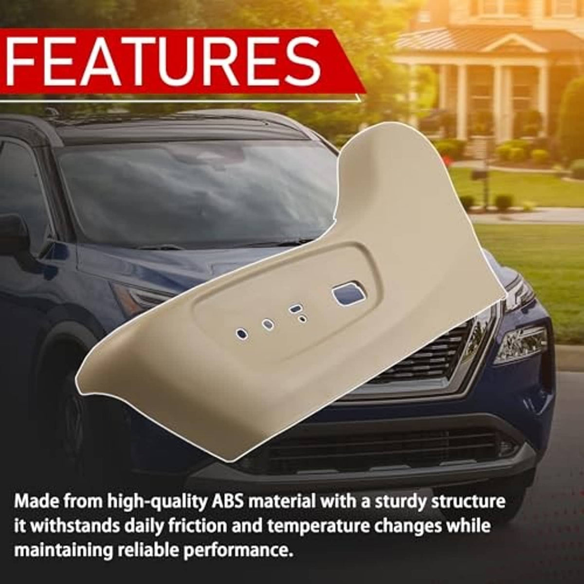 Beige seat outer trim panel with angled top and interior switch cutouts