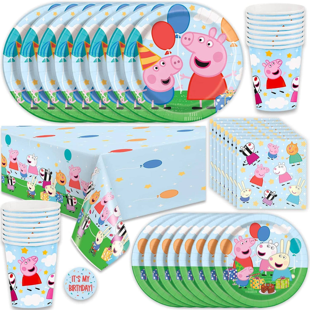 Peppa Pig birthday party tableware set with oval plates, cups, napkins, table cover