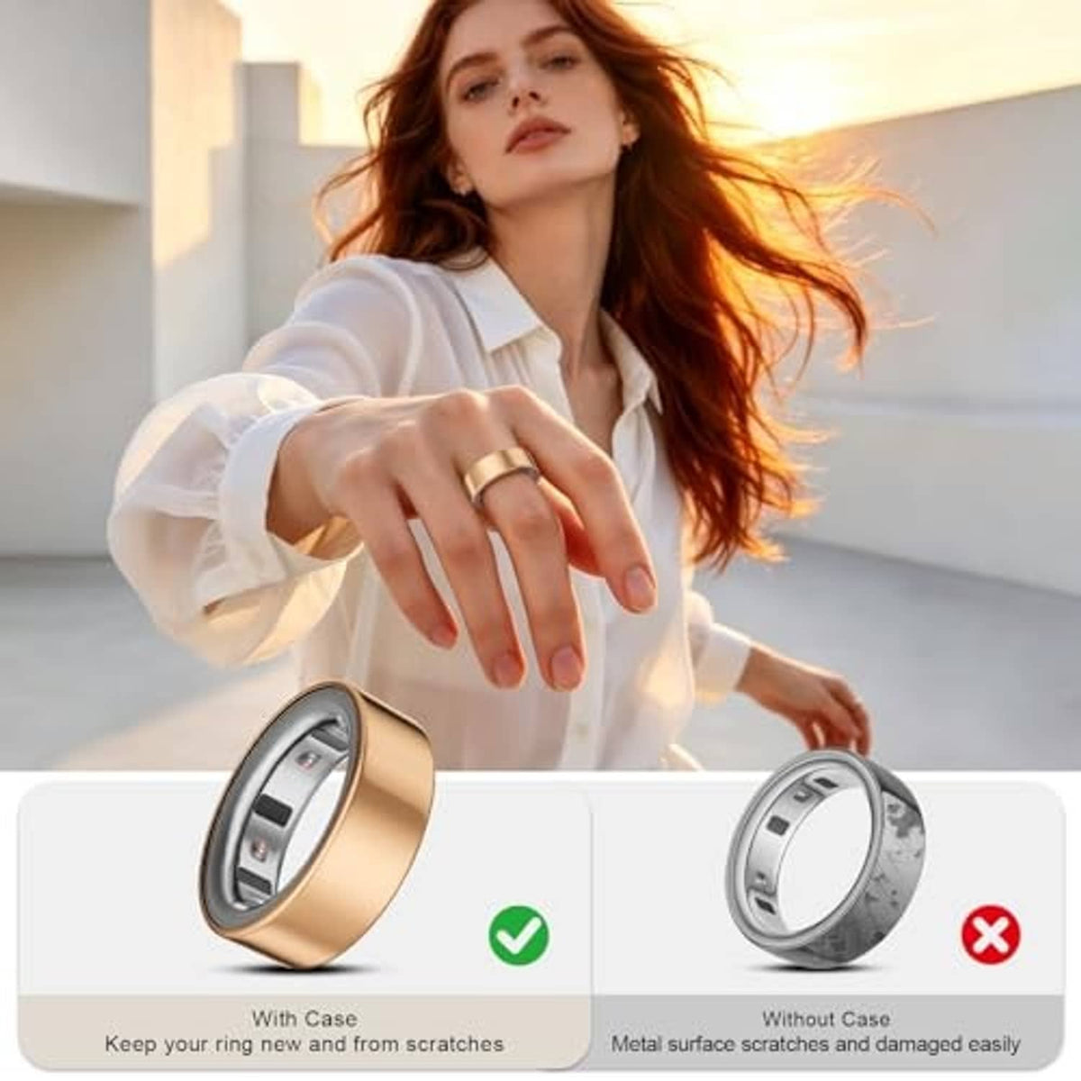 TPU ring covers: rose gold and silver, shown with exposed interior sensor area