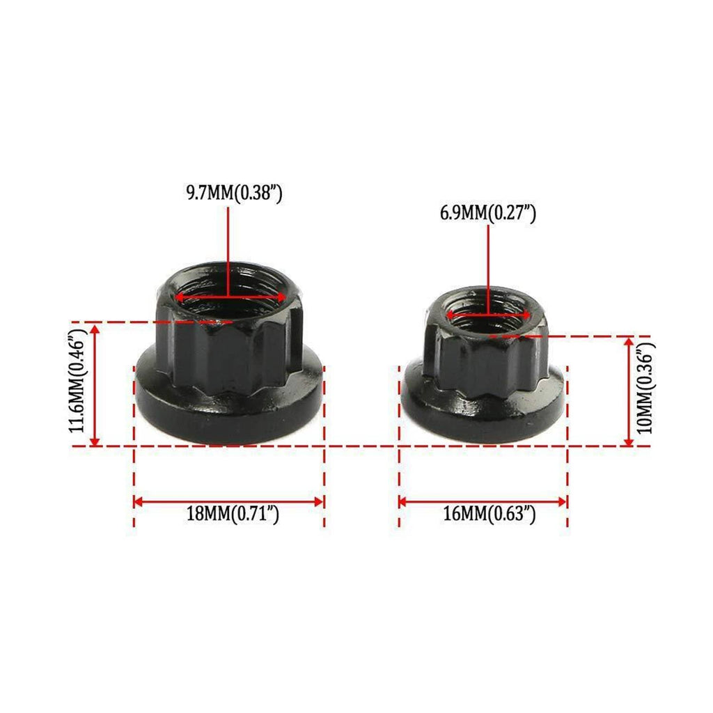 Black mounting nut set with size dimensions shown for two nut styles