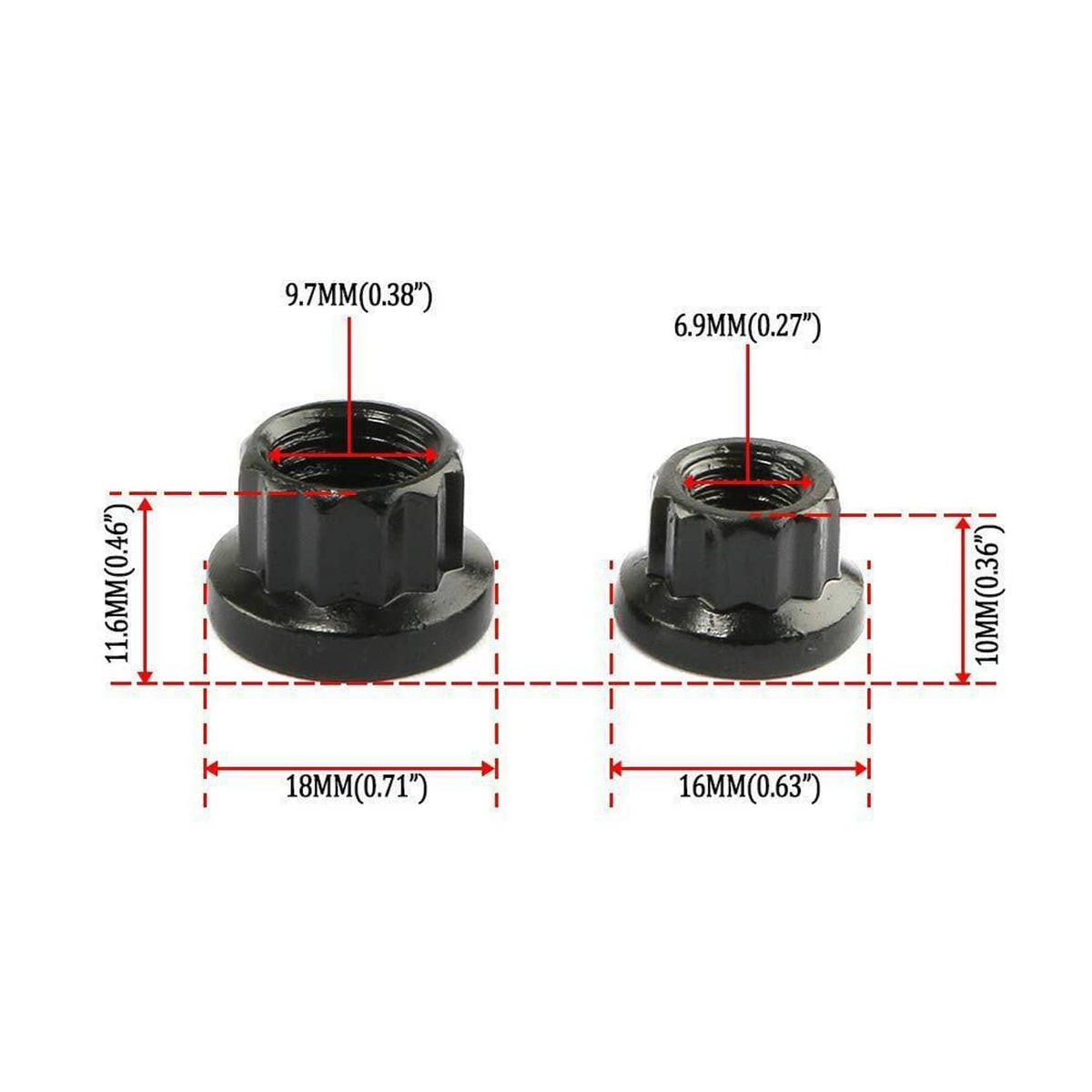 Black mounting nut set with size dimensions shown for two nut styles