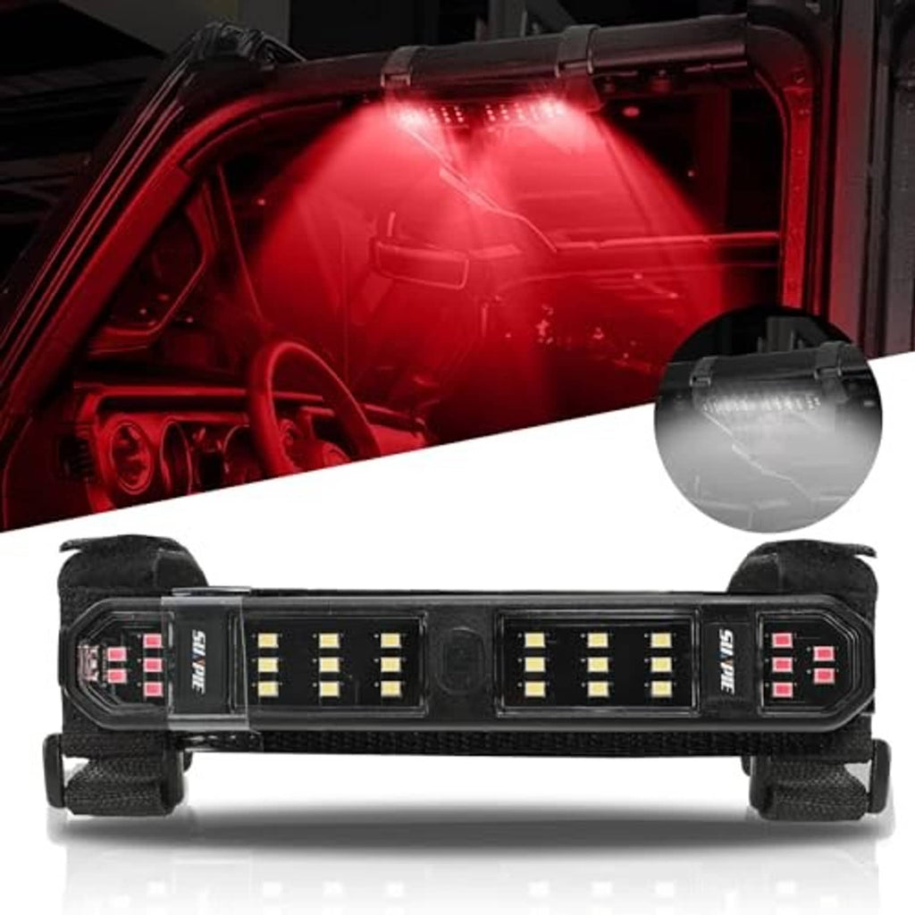 Battery LED light bar for UTV, black housing, red-lit LEDs with mounting straps