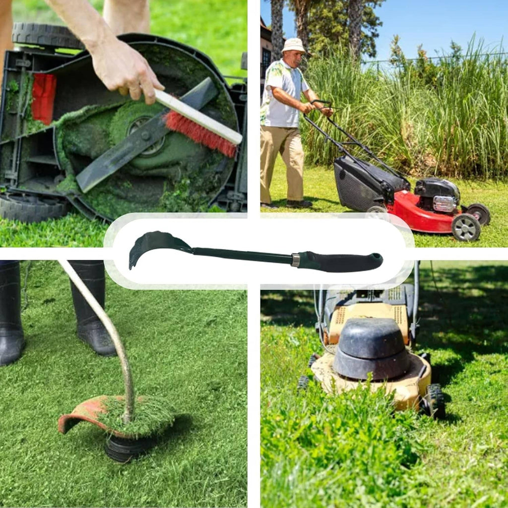 Long mower deck scraper with curved blade and black handle shown cleaning mower deck grass