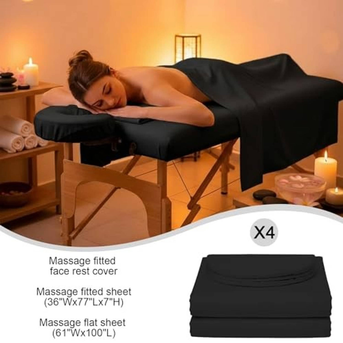 Black massage table sheets on a wooden massage table with matching face rest cover