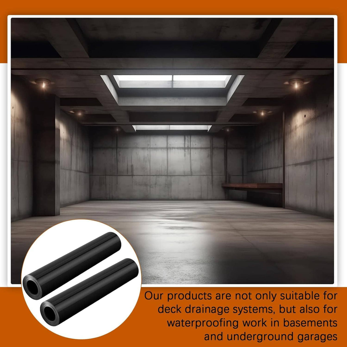 Black HDPE drainage membrane rolls, shown as a pair with visible roll ends