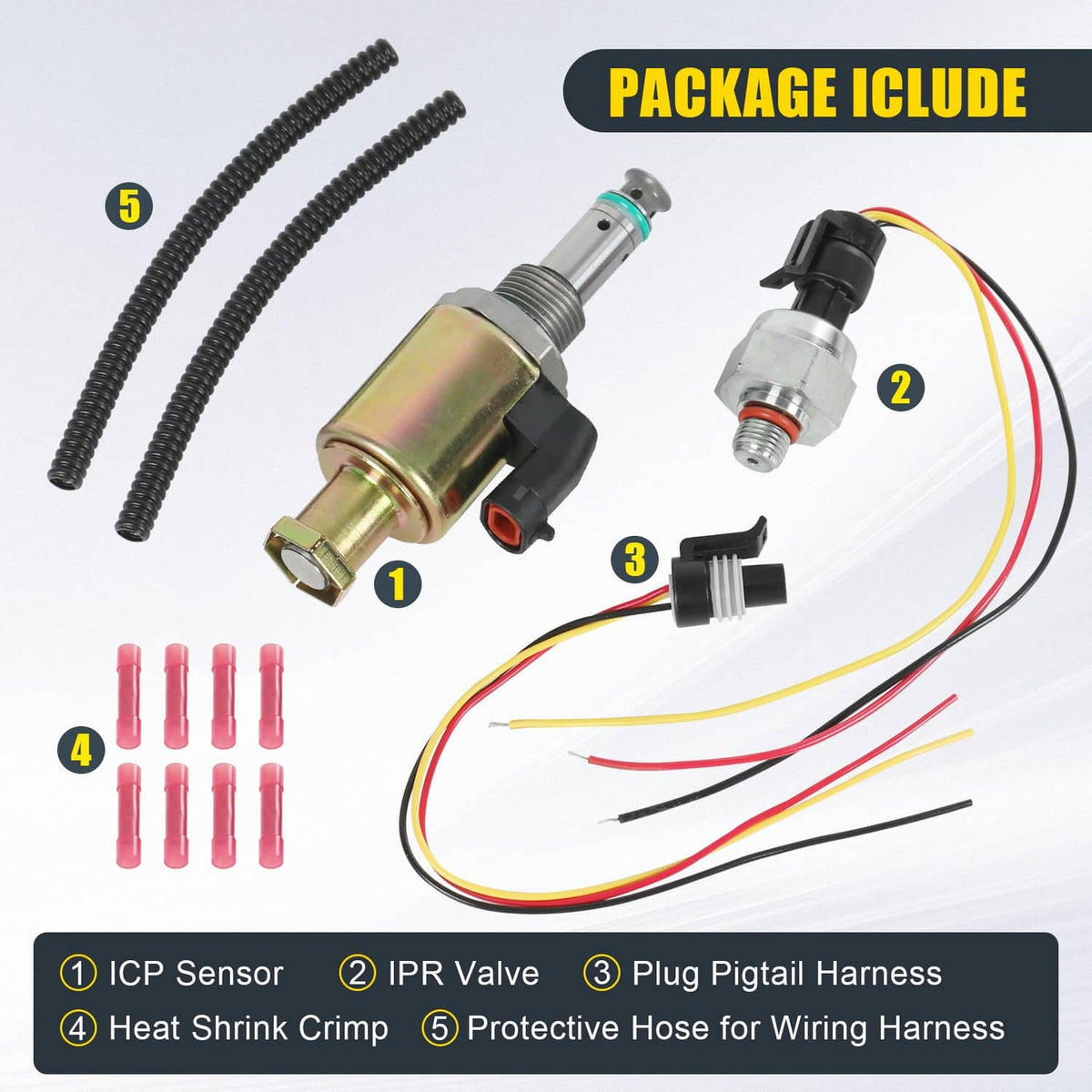 Fuel injection pressure regulator valve kit with harness wires, heat shrink, and protective hose