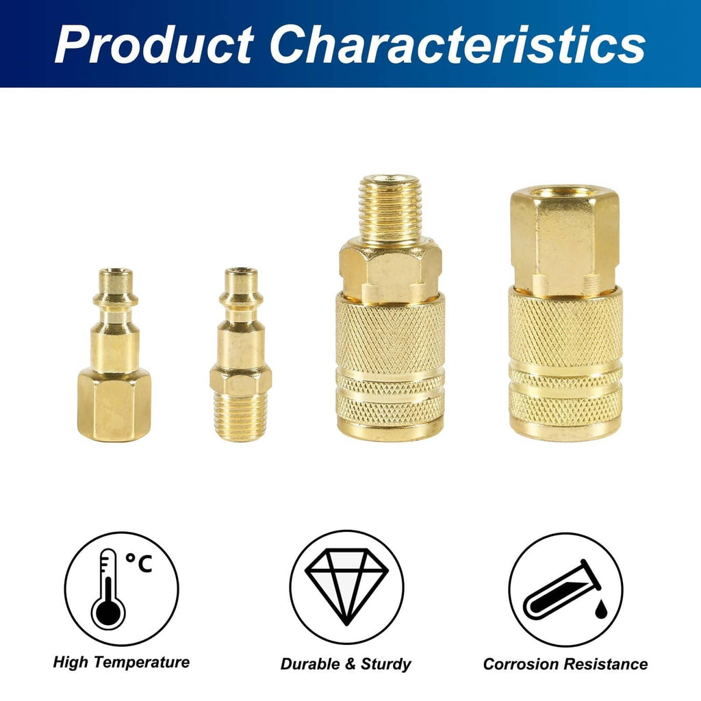 Brass air quick-connect fittings set with coupler and plug ends, 12pc