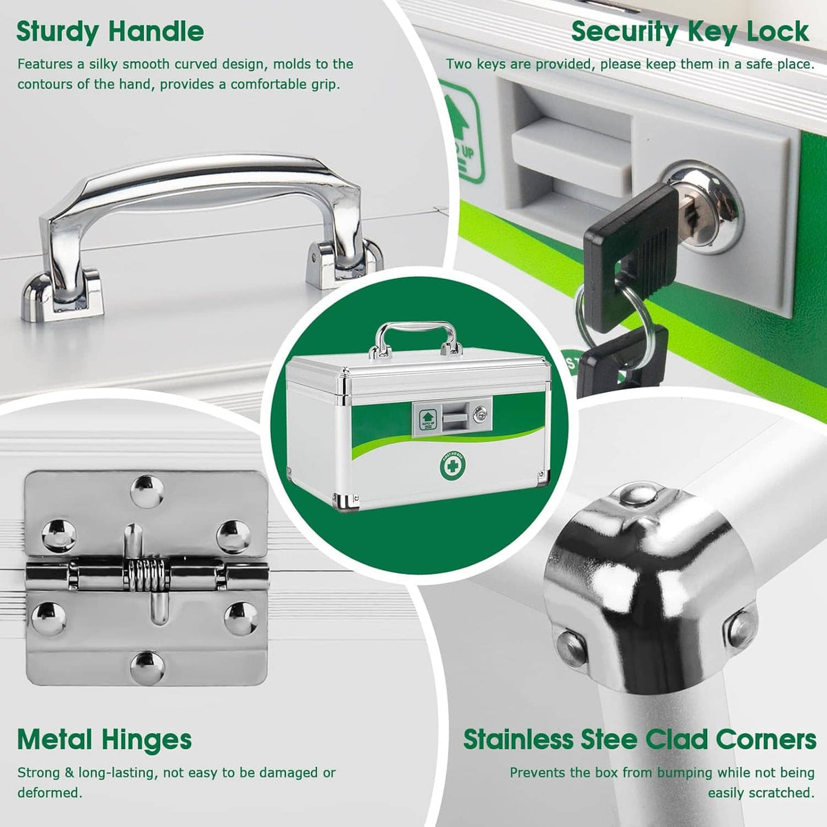 Medicine lock box close-up with chrome handle, key lock, metal hinges, and corner guards