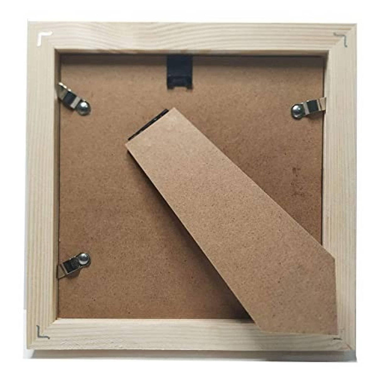 6x6 square solid wood photo frame back view, metal clips and cardboard insert