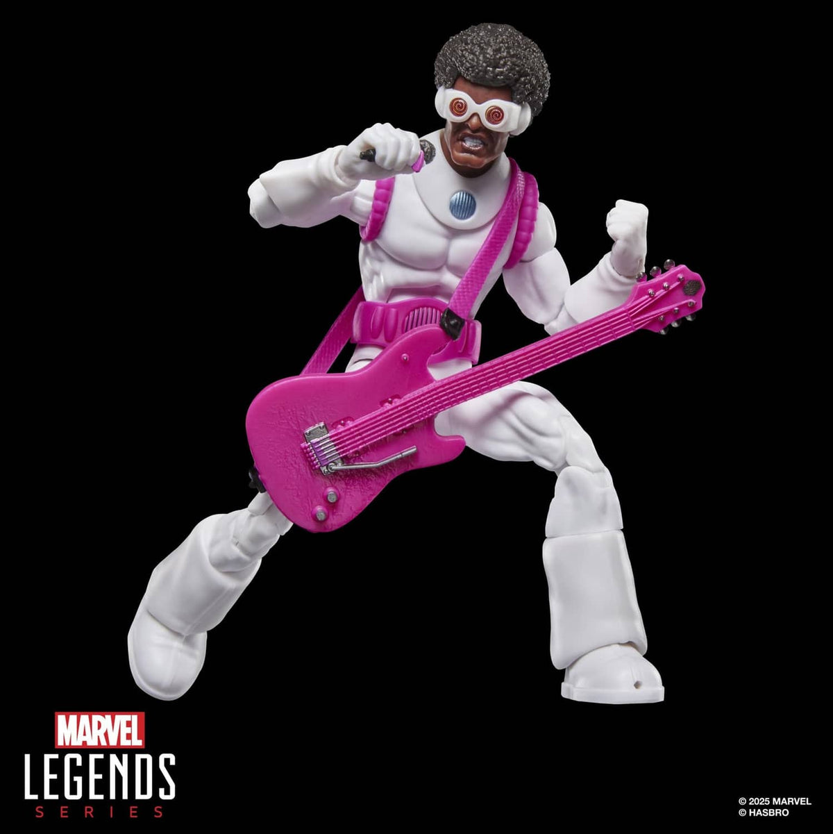 White-suited action figure holding purple electric bass, legs bent