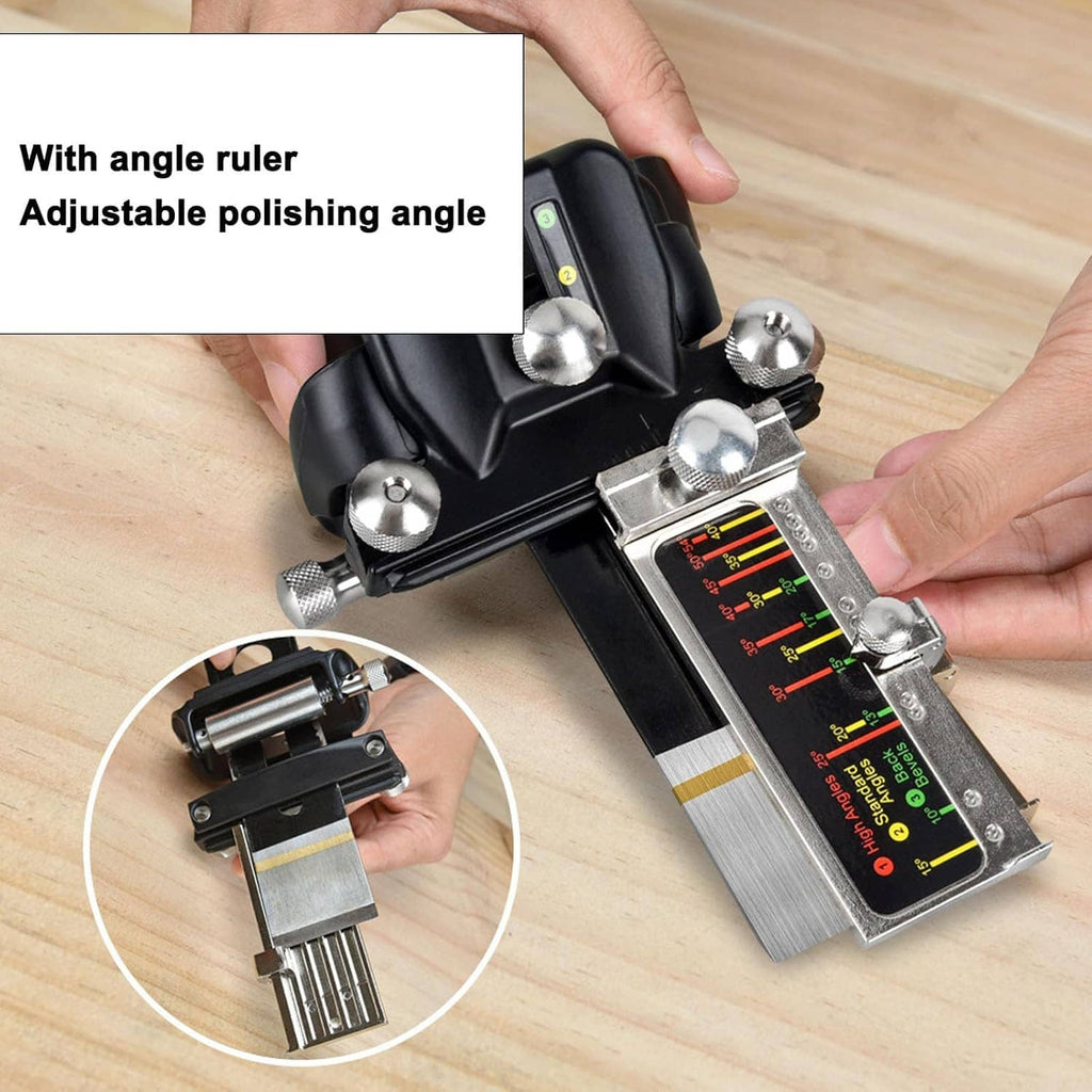 Angle ruler honing guide with black holder, metal blade rest, and silver adjustment knobs
