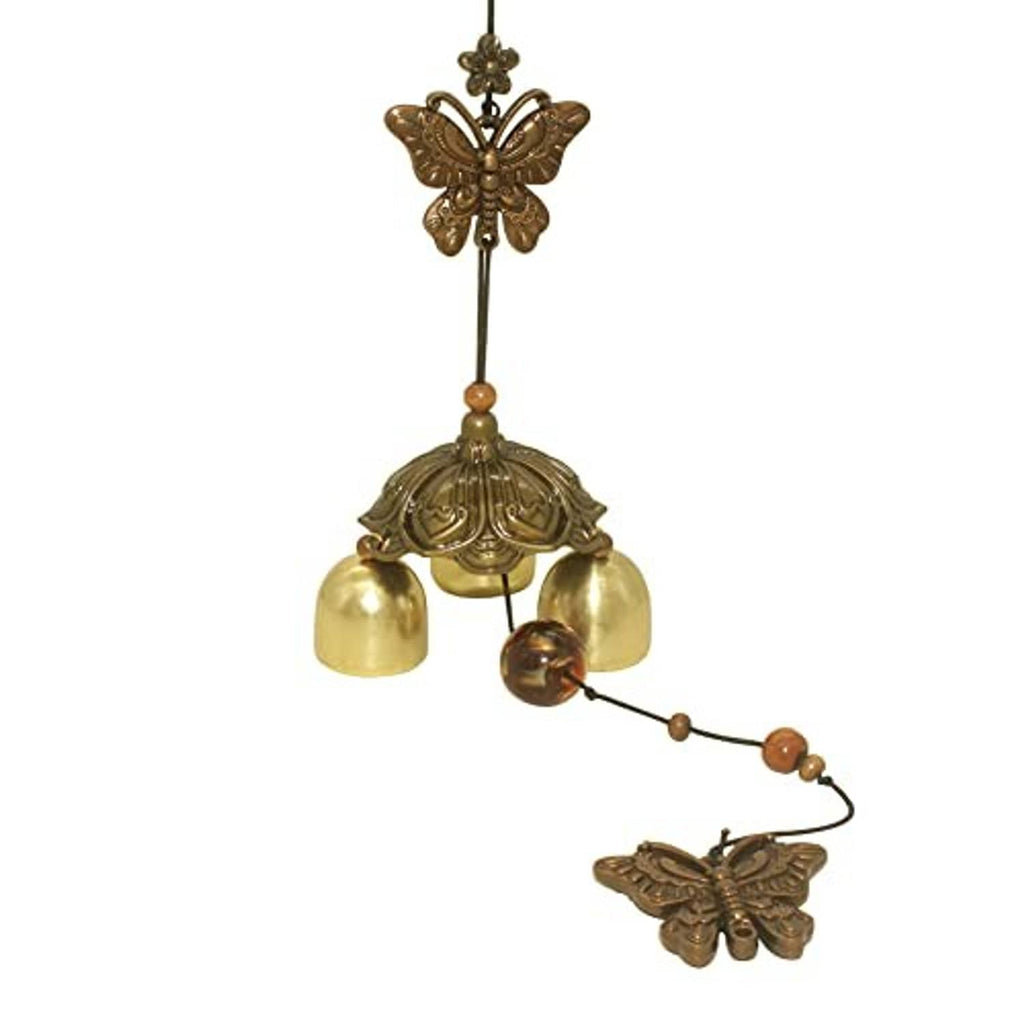 Small metal butterfly wind chime with four bells and a dangling butterfly ornament