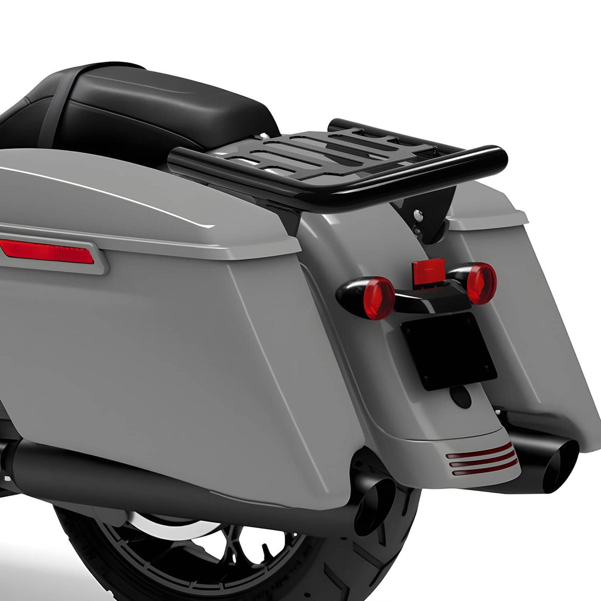 Black slotted luggage rack mounted on the rear of a touring motorcycle
