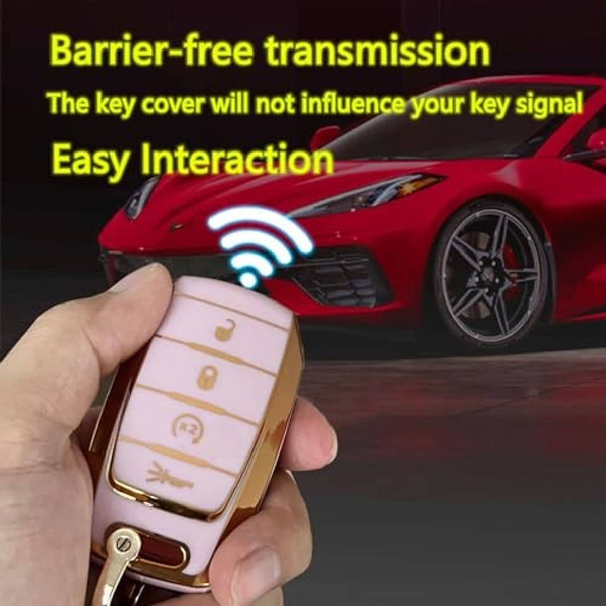 Hand holding pink gold key fob shell with keyring