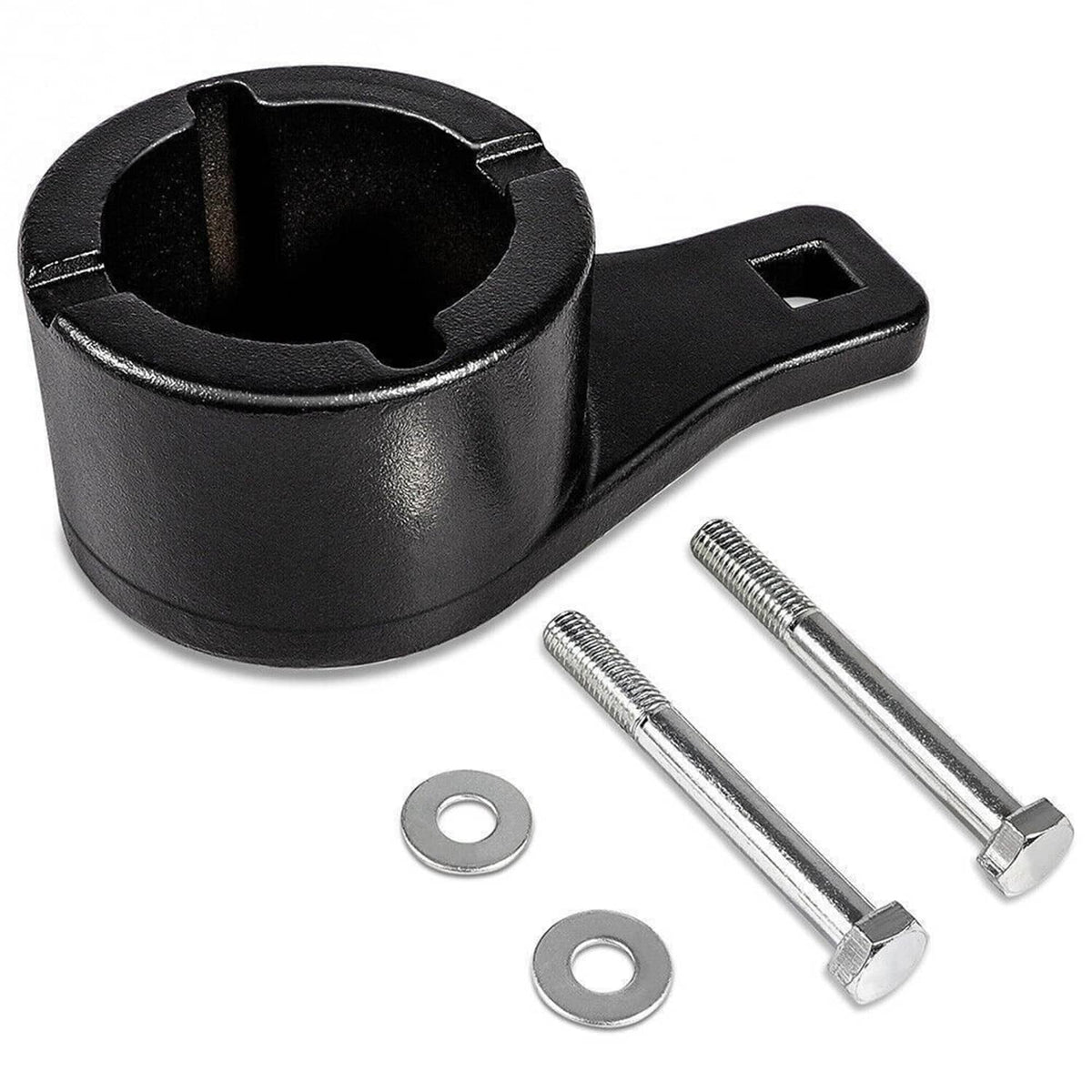 Crankshaft holding tool set: black holder, two long bolts, and washers