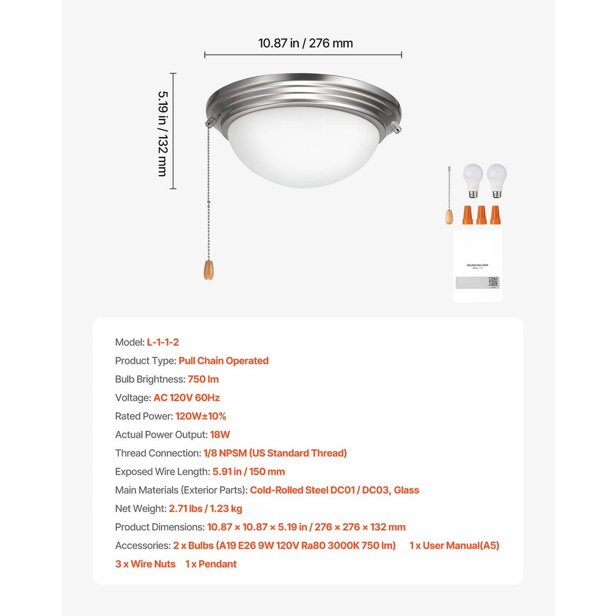 Ceiling fan light kit with pull chain, frosted globe, and two included LED bulbs