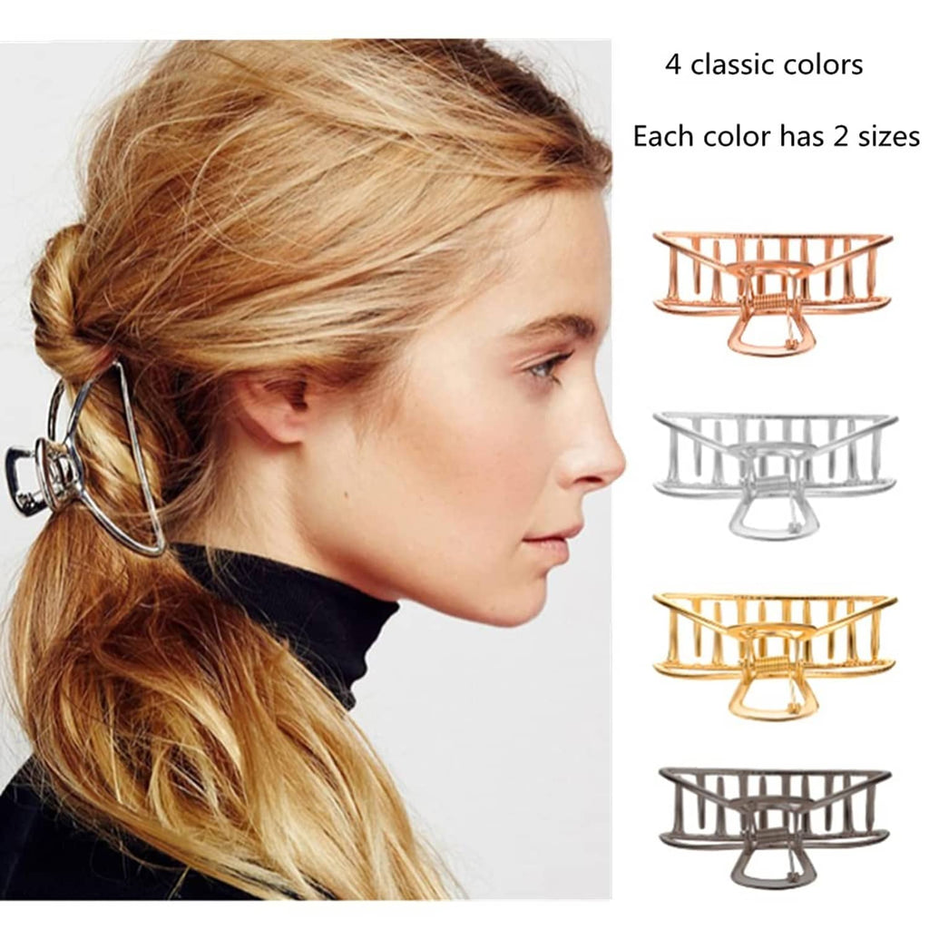 Metal hair claw clip on blonde hair in rose-gold, triangular frame with ridged teeth