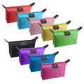 Assorted colorful waterproof makeup zip pouches with dark corner handle loops and front patch