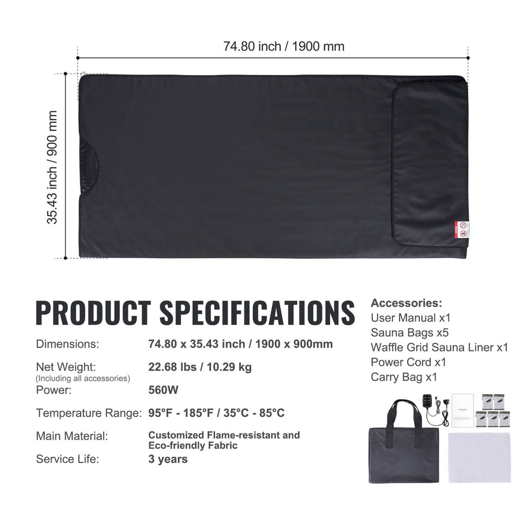 Black infrared sauna heating blanket with included accessories shown beside it