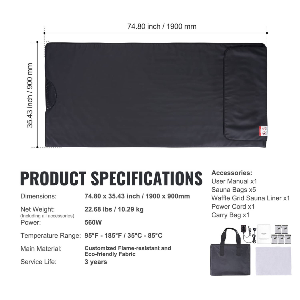 Black infrared sauna heating blanket with included accessories shown beside it