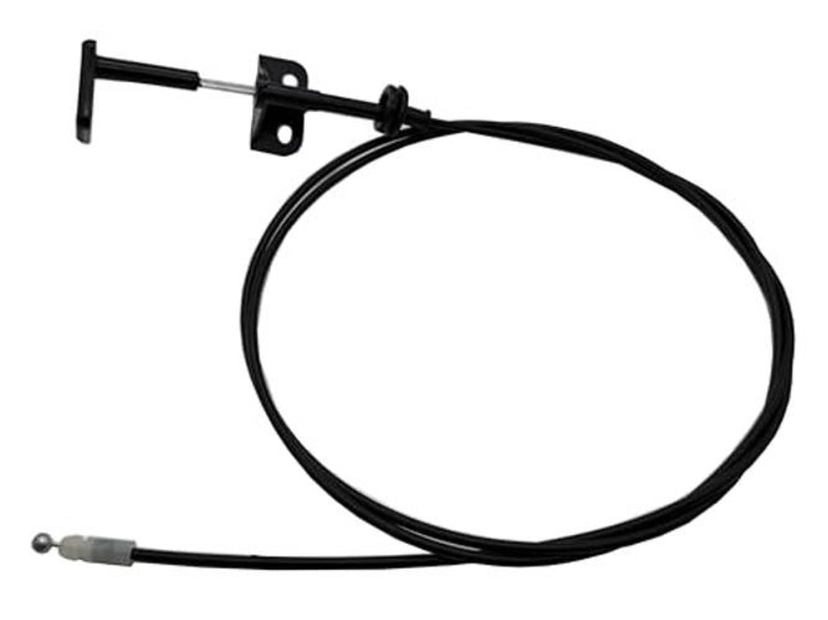 Hood latch cable kit with black wiring, mounting bracket, and metal end