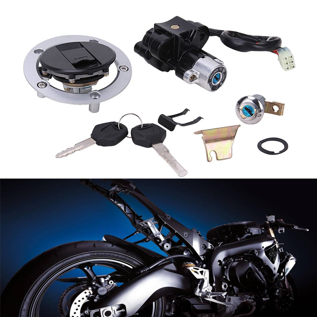 Fuel tank cap lock and ignition switch key set with cylinder, keys, and mounting parts