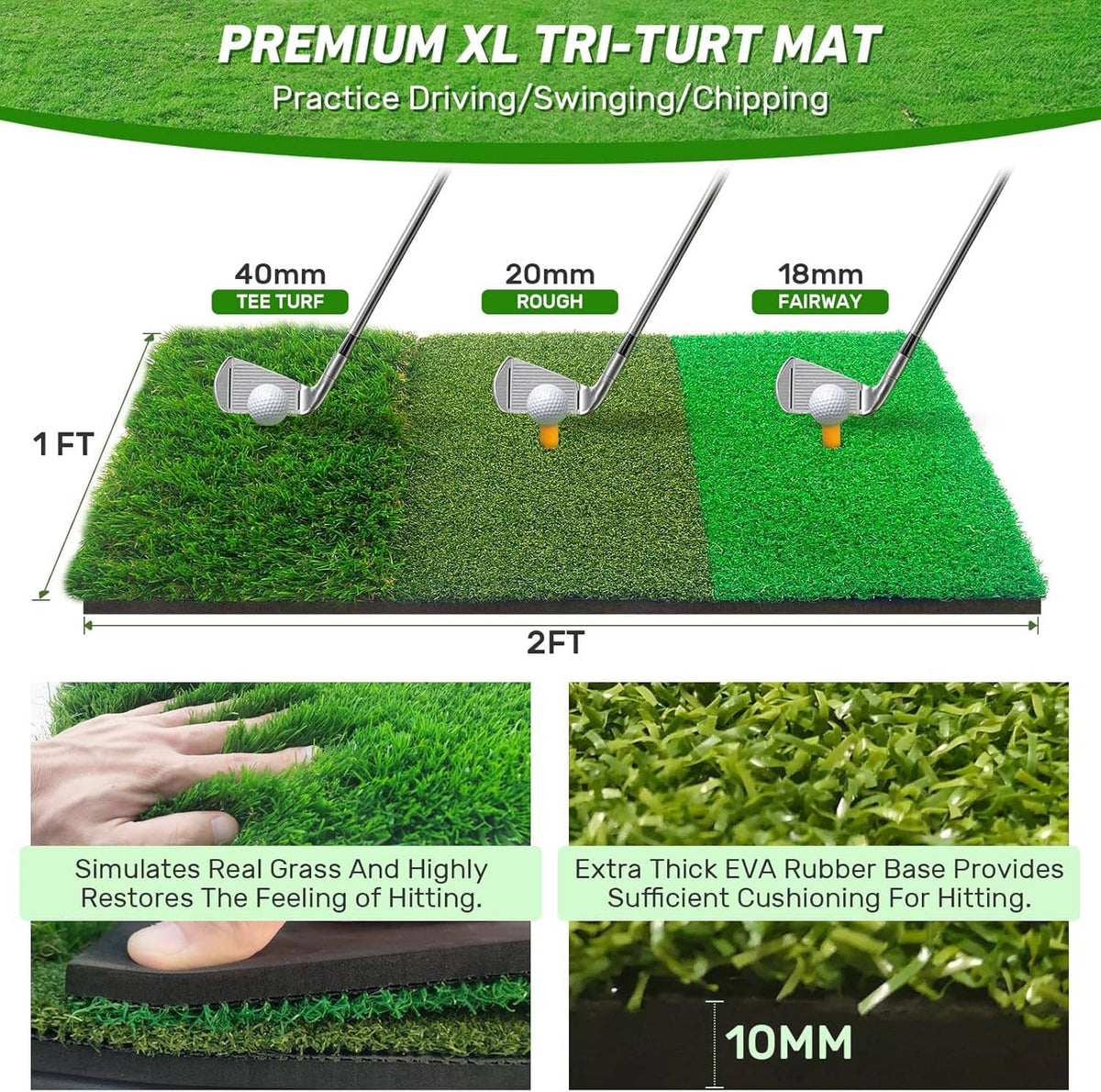 Tri-turf golf practice mat with tee markers and labeled turf thickness zones