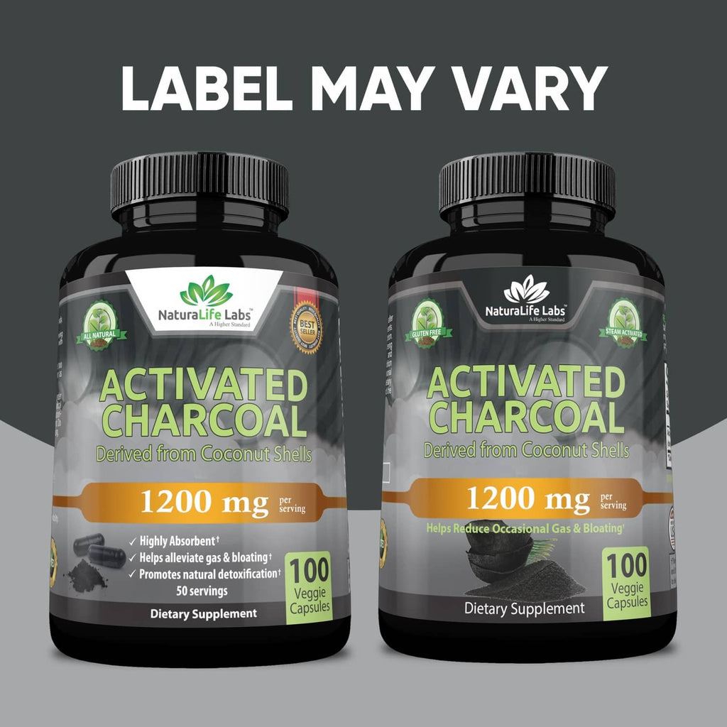 Two activated charcoal capsules bottles, label may vary, 1200 mg, 100 veggie capsules