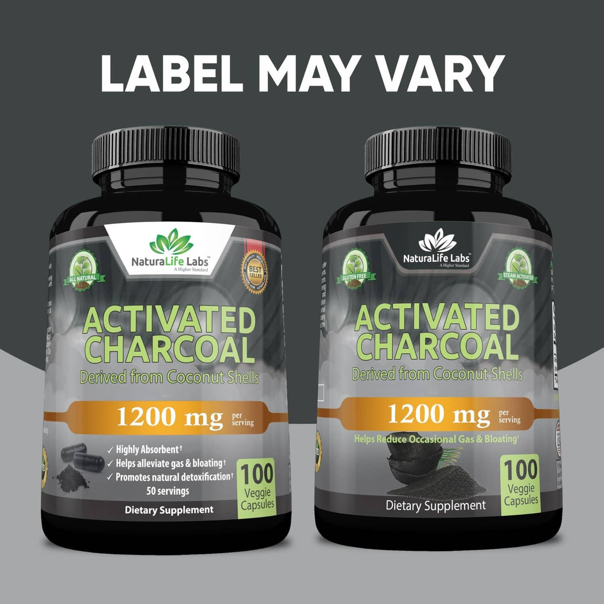 Two activated charcoal capsules bottles, label may vary, 1200 mg, 100 veggie capsules