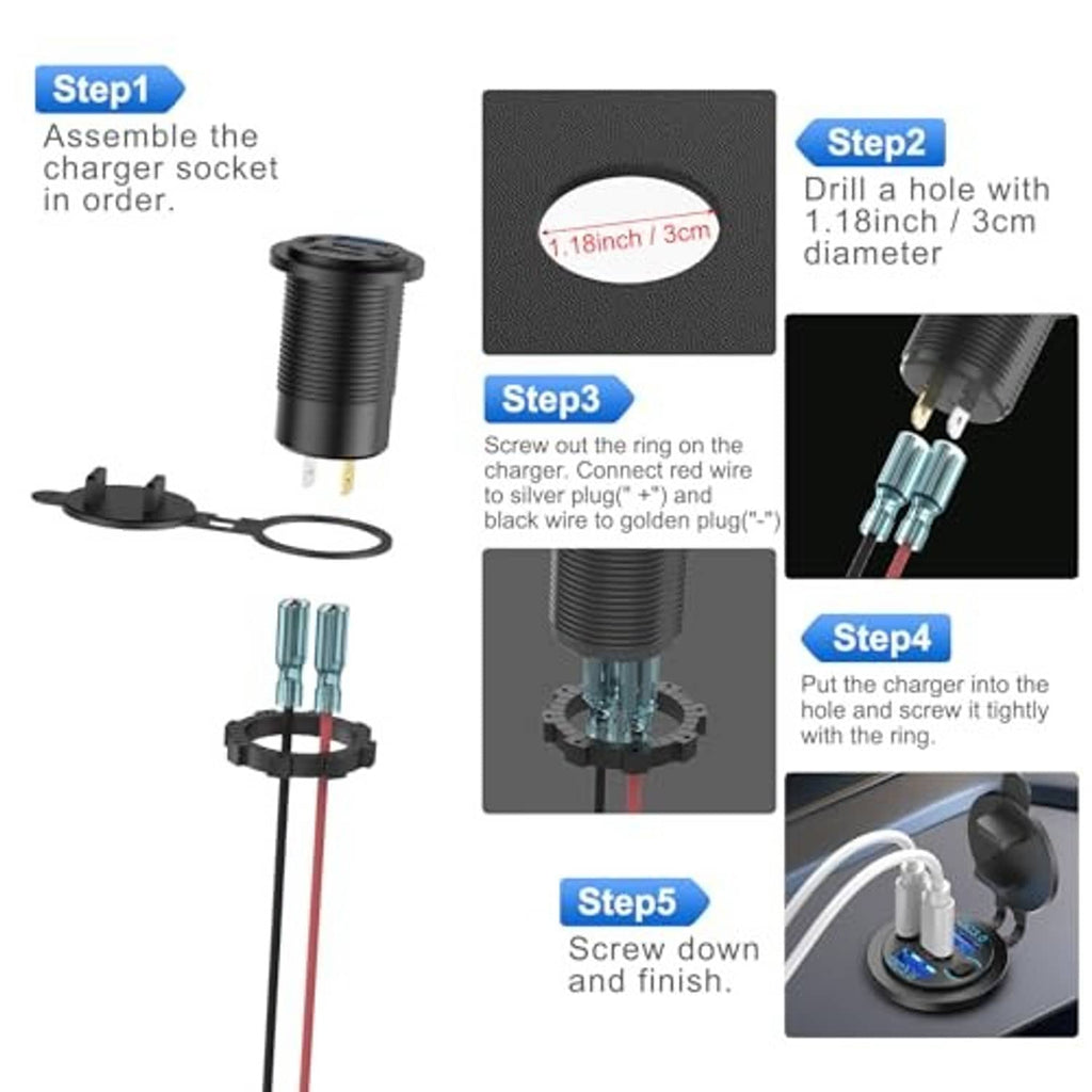 Car charger socket mounting kit with ring, wiring, and terminal plug pieces