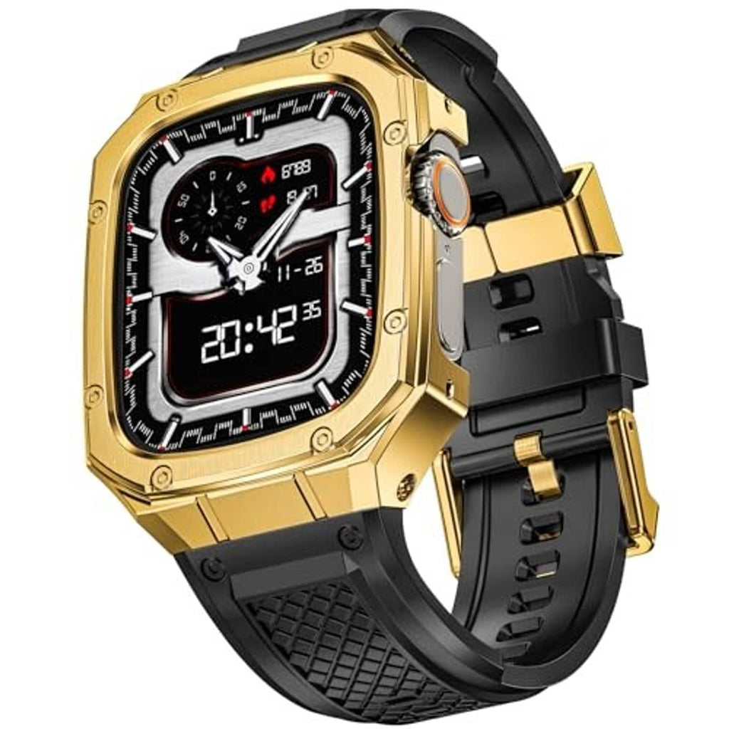 Gold stainless steel smartwatch case and black strap, front view