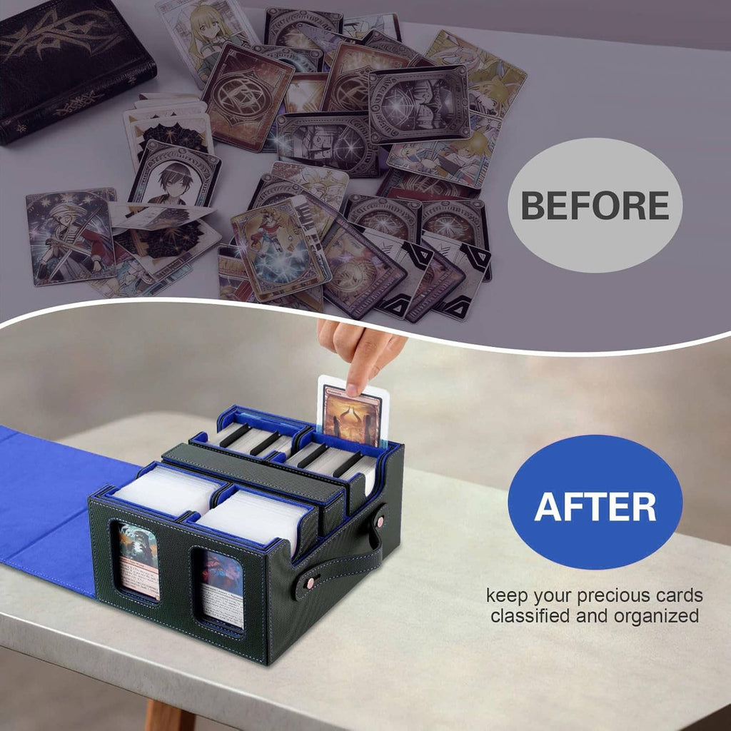 Blue and black deck box holding cards in organized modular compartments, before-and-after.