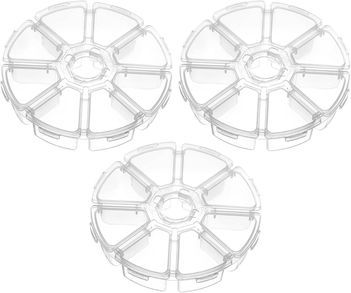 3-pack round clear plastic organizer boxes, each with 8 compartment grids