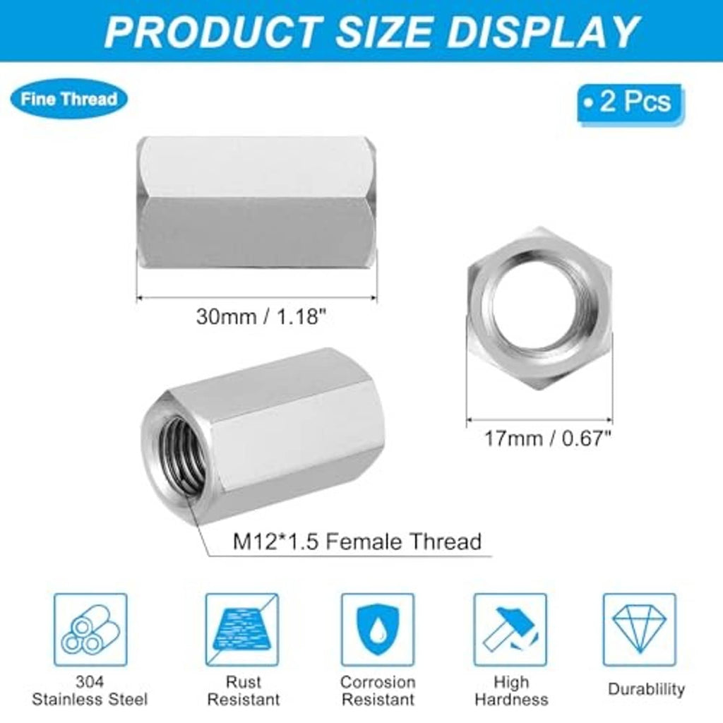 Hex coupling nut with internal thread, 30mm length view and 17mm hex width