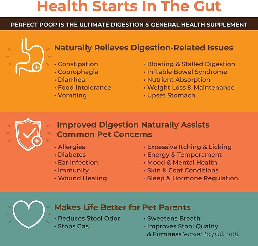 Dog digestion supplement info panel with icons listing digestion and pet benefits