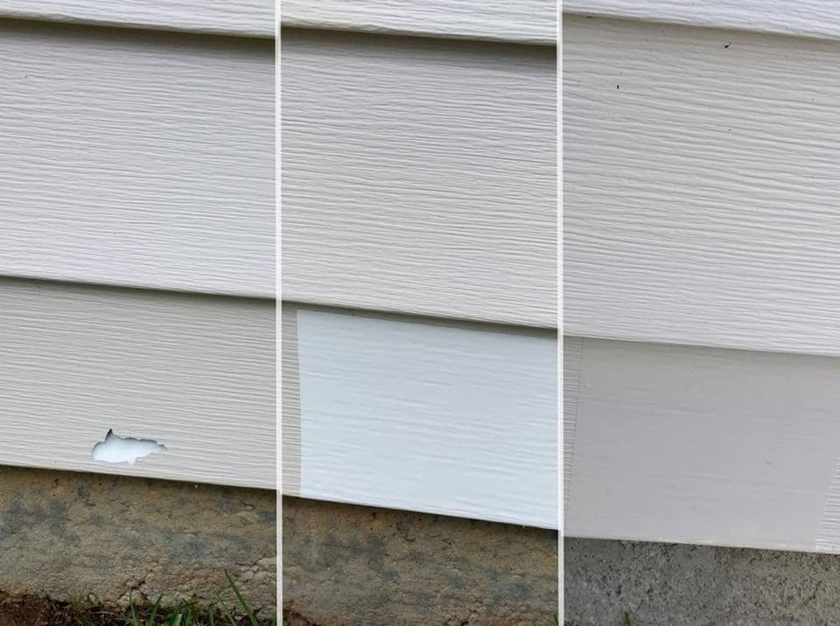 Mendyl vinyl siding repair kit: white vinyl siding with small damaged spot near bottom
