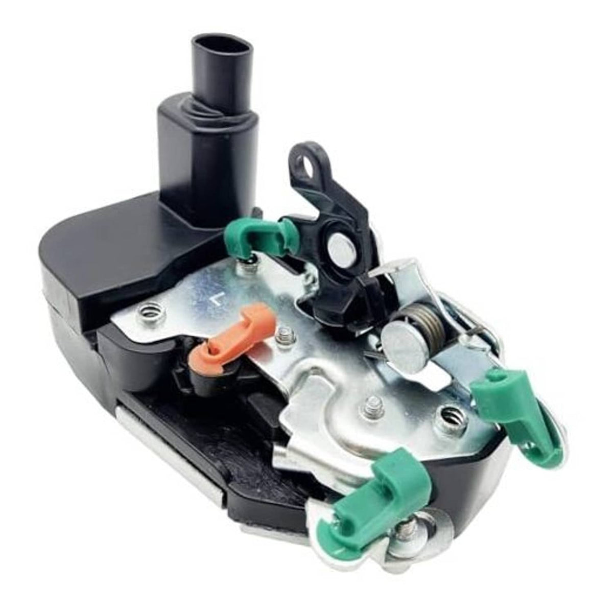 Door lock actuator with black plastic housing, metal latch parts, and green clips