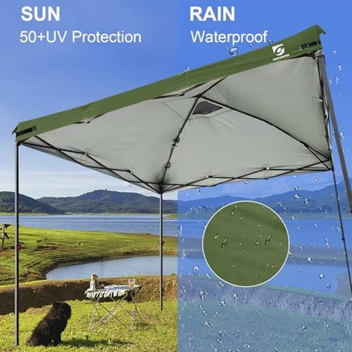 Green pop-up canopy replacement top cover with air vent, rainwater droplets visible