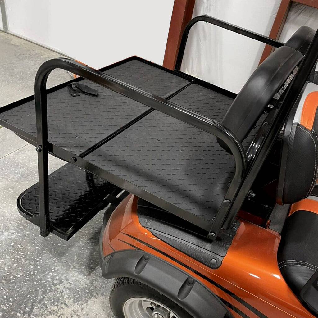 Side view of black folding rear seat cushion pad with roof support on a golf cart