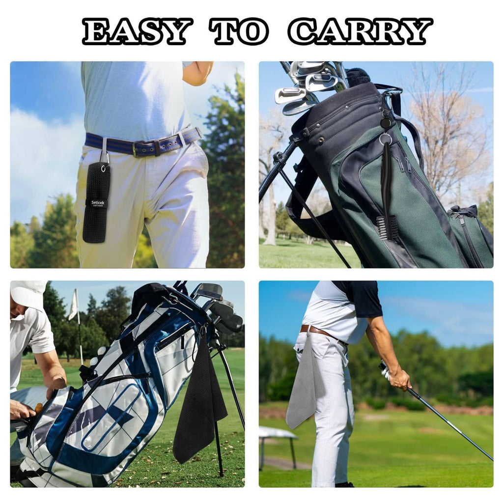 Golf towel and club brush clipped to a golf bag for easy carry, black and gray