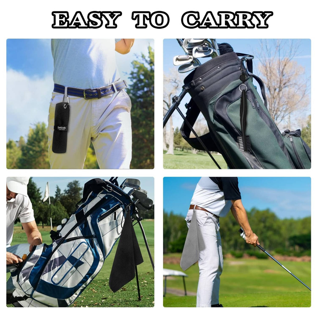 Golf towel and club brush clipped to a golf bag for easy carry, black and gray