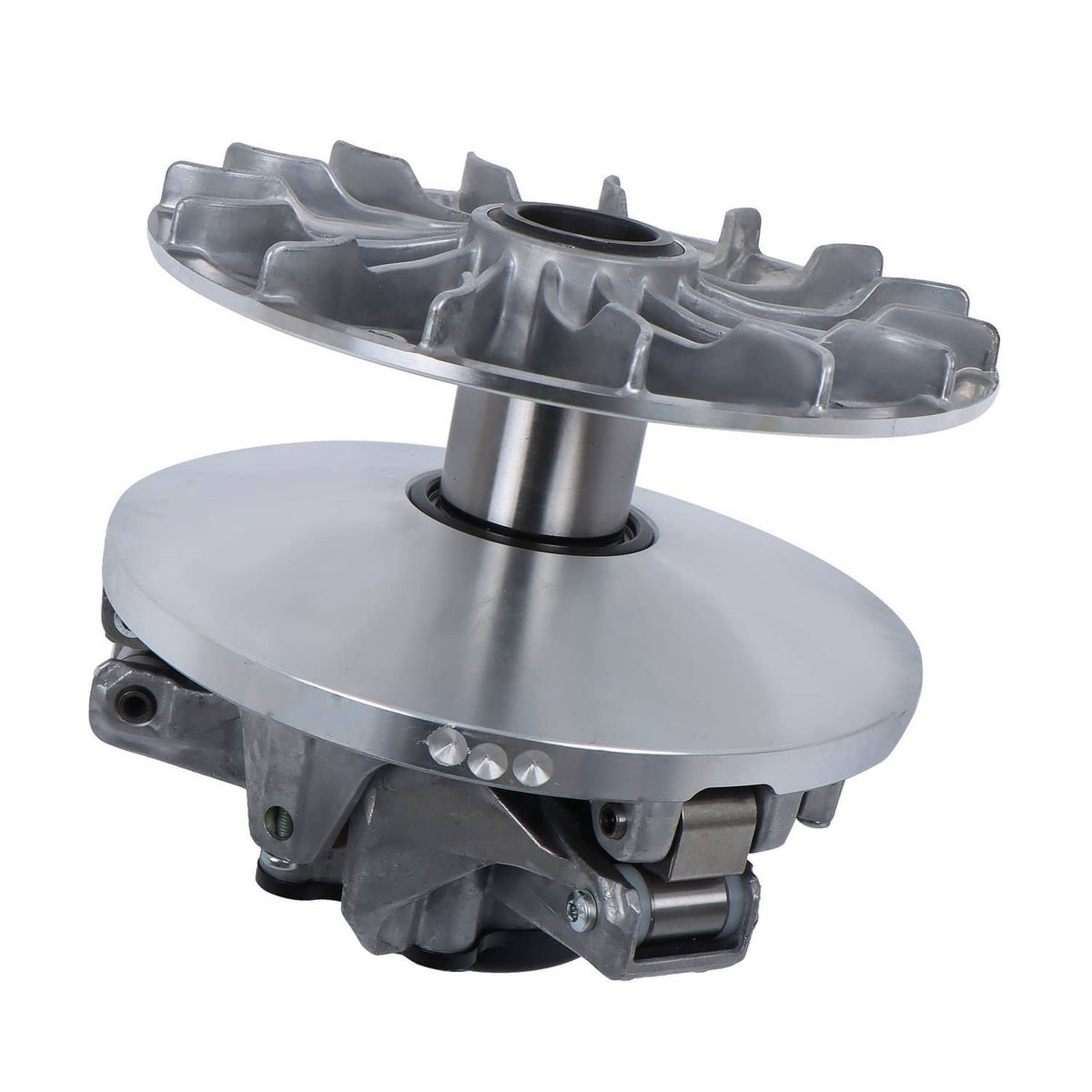 Drive pulley clutch primary assembly, silver clutch plate and black belt pulley side view