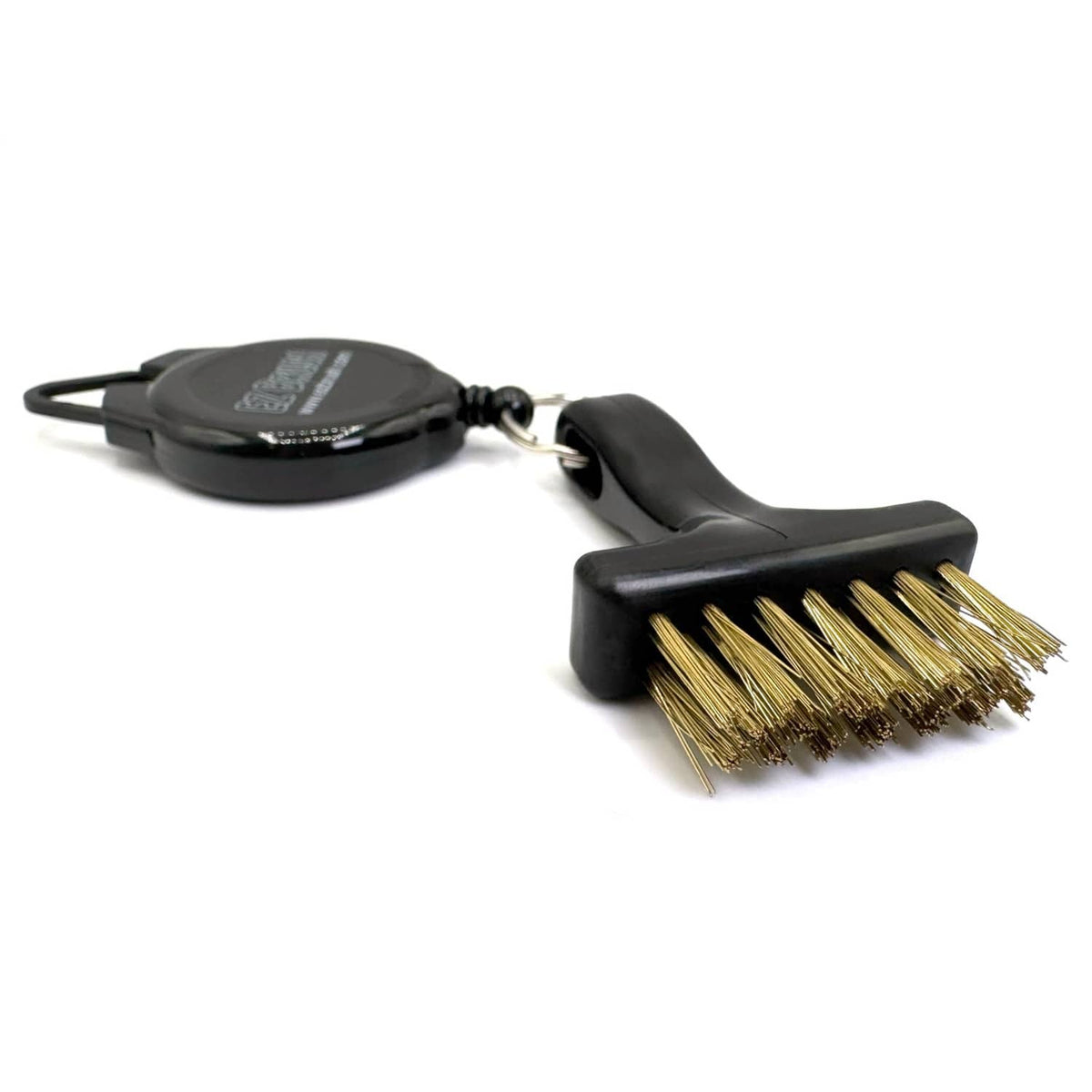 Retractable black EZ BRUSH golf club cleaning brush with gold bristles and case.