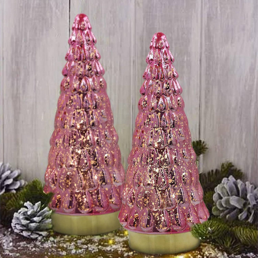 Set of 2 pink glitter tabletop Christmas trees with gold bases, layered cone design