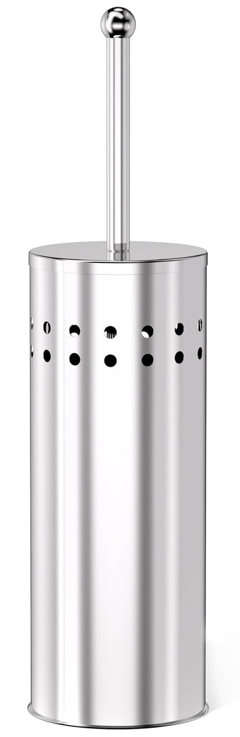 Chrome toilet plunger holder with perforated canister and vertical plunger handle