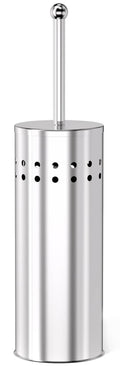 Chrome toilet plunger holder with perforated canister and vertical plunger handle