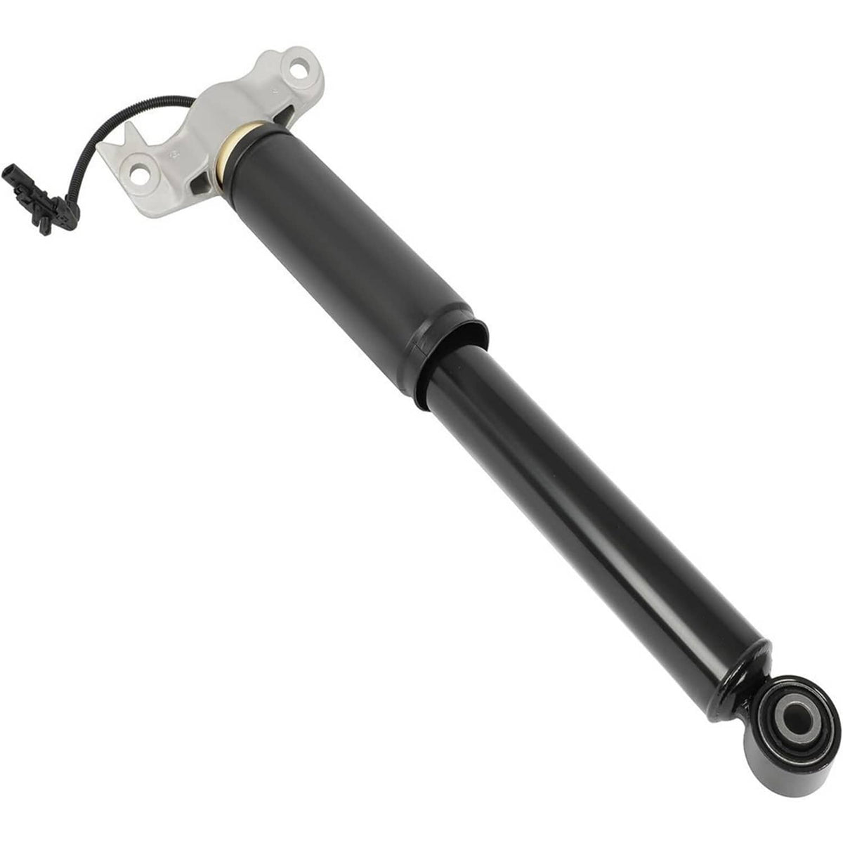 Shock strut assembly with black damper and coil spring, silver top mount and bushing